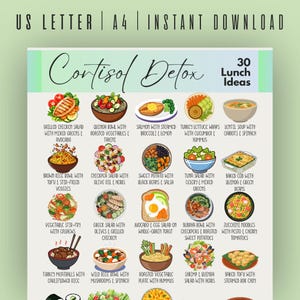 Puede incluir: Infografía colorida "Cortisol Detox" con 30 ideas para el almuerzo. La imagen presenta ilustraciones de varias comidas saludables, incluyendo ensaladas, cuencos, wraps y sopas. El texto superior indica descarga instantánea.