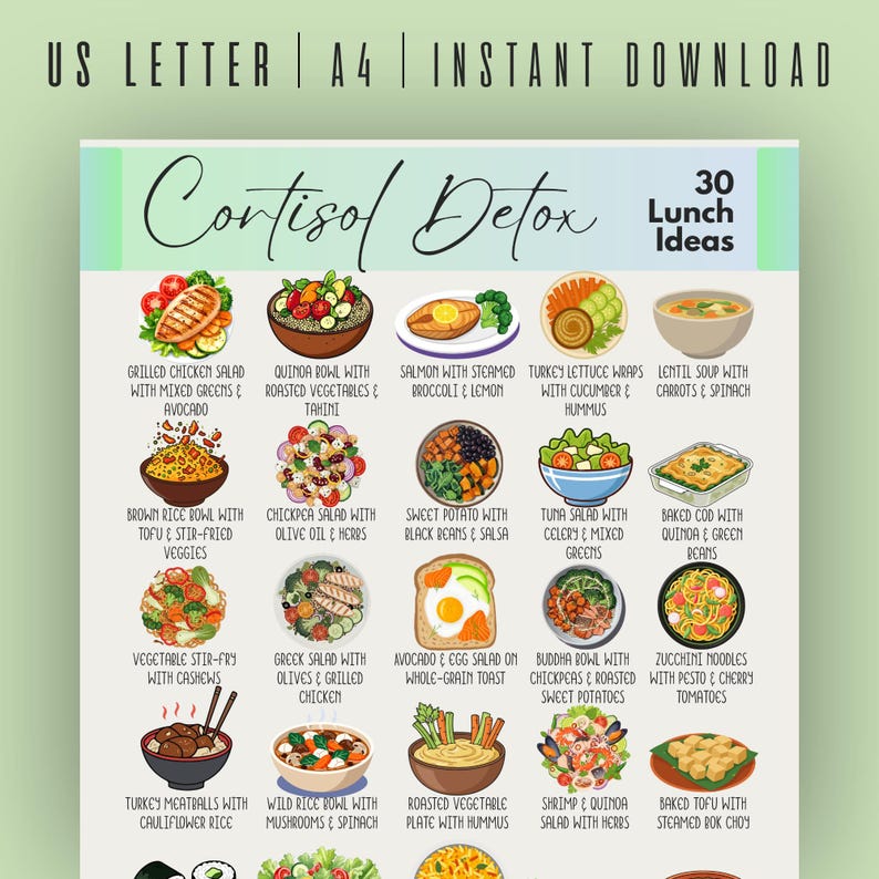 K&ouml;nnte beinhalten: Farbenfrohe Infografik "Cortisol Detox" mit 30 Mittagsideen. Das Bild zeigt Illustrationen verschiedener gesunder Mahlzeiten, darunter Salate, Bowls, Wraps und Suppen. Der Text oben weist auf einen Sofort-Download hin.