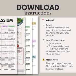 Puede incluir: Una hoja de instrucciones de descarga digital con el t&iacute;tulo "DOWNLOAD instructions". La hoja incluye un plan de comidas con opciones de aperitivos y cenas, e instrucciones sobre c&oacute;mo descargar el archivo de Etsy.