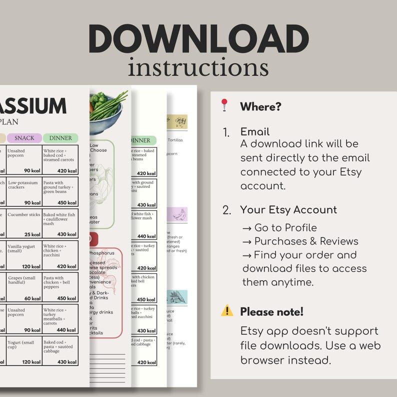 Puede incluir: Una hoja de instrucciones de descarga digital con el t&iacute;tulo "DOWNLOAD instructions". La hoja incluye un plan de comidas con opciones de aperitivos y cenas, e instrucciones sobre c&oacute;mo descargar el archivo de Etsy.