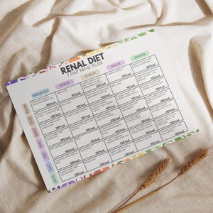 Puede incluir: Un plan de comidas impreso titulado "RENAL DIET 7 DAY MEAL PLAN" con un programa semanal de opciones de desayuno, almuerzo, merienda y cena. El plan incluye recuentos de calor&iacute;as y descripciones de alimentos. El fondo es una tela beige.