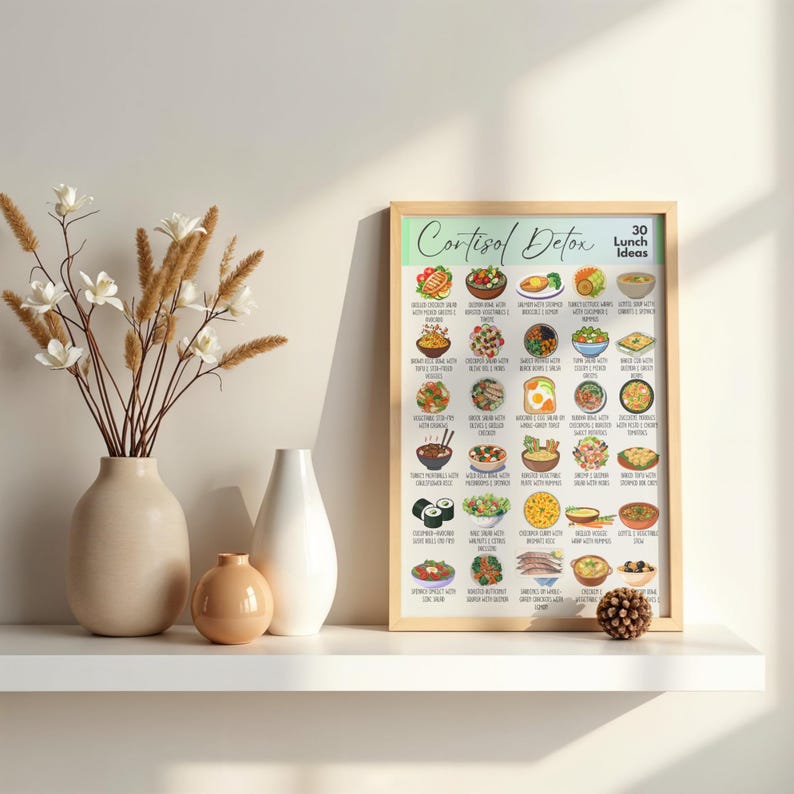 K&ouml;nnte beinhalten: Ein gerahmter Druck mit dem Titel "Cortisol Detox" mit 30 Mittagsideen. Der Druck befindet sich in einem hellen Holzrahmen und wird auf einem wei&szlig;en Regal ausgestellt. Dekorative Vasen und ein Tannenzapfen befinden sich ebenfalls auf dem Regal.
