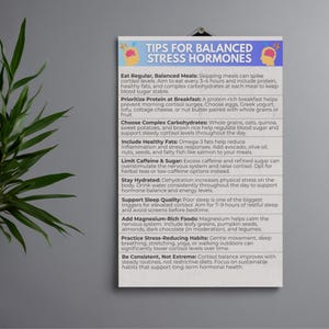 May include: A poster with the title "TIPS FOR BALANCED STRESS HORMONES" and bullet points offering advice on diet, sleep, and lifestyle choices to manage cortisol levels. The poster is white with a colorful header and black text.