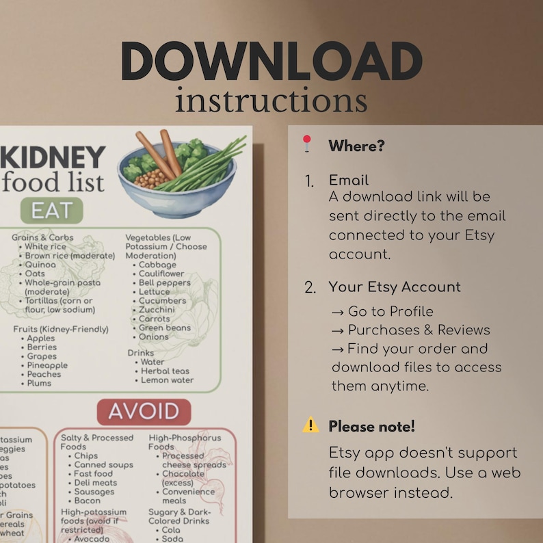 May include: A downloadable guide with instructions and a kidney food list. The "EAT" section lists grains, fruits, and vegetables. The "AVOID" section lists salty, processed, and high-phosphorus foods. Download instructions are also included.
