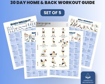 Home Workout Poster Set | Matte Exercise Posters | Full Body Workout Chart | Stretching & Resistance Band Fitness Charts, 5 in 1