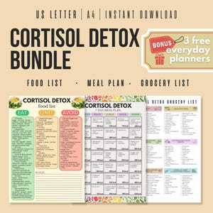 Puede incluir: Un paquete de guías imprimibles de Cortisol Detox. El paquete incluye una lista de alimentos, un plan de comidas de 7 días y una lista de compras. La lista de alimentos clasifica los alimentos para comer, limitar y evitar. El plan de comidas proporciona calorías. El paquete también incluye 3 planificadores diarios gratuitos.