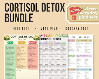 Paquete para la desintoxicación de cortisol, Plan de alimentación para reducir el cortisol, Guía para el equilibrio hormonal, Apoyo suprarrenal, Planificador para aliviar el estrés, Descarga de PDF sobre bienestar