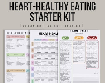 Heart-Healthy Eating Starter Kit,  Heart-Friendly Bundle, Heart Healthy Food List, Grocery List, Meal Plan, Heart Food Chart