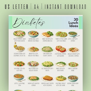 Puede incluir: Una descarga digital imprimible con 30 ideas para el almuerzo para personas con diabetes. El menú incluye ensaladas, wraps, cuencos y guisos con ingredientes como pollo, salmón, quinoa y verduras. El título es "Diabetes" en una fuente manuscrita.