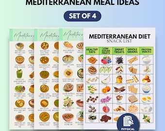 Mediterranean Diet Poster Set of 4, Breakfast Lunch Dinner Snack Ideas, Mediterranean Food Guide, Kitchen Wall Charts