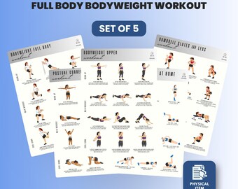 Home Gym Workout Poster Set of 5, Full Body Bodyweight Exercise Charts, Abs Core Dumbbell Glutes & Posture Fitness Wall Art