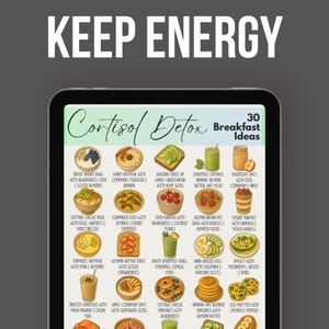 May include: A digital tablet displays a colorful infographic titled "Cortisol Detox" with "30 Breakfast Ideas." The image features various healthy breakfast options like yogurt bowls, oatmeal, smoothies, and egg dishes, with text descriptions.