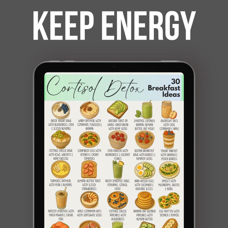 May include: A digital tablet displays a colorful infographic titled "Cortisol Detox" with "30 Breakfast Ideas." The image features various healthy breakfast options like yogurt bowls, oatmeal, smoothies, and egg dishes, with text descriptions.
