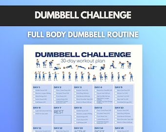 Plan de entrenamiento con mancuernas imprimible, tabla de rutina de cuerpo completo con mancuernas, PDF de fitness de 30 días, póster para gimnasio en casa, tamaño carta estadounidense A4