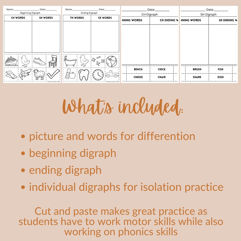 Digraph Cut & Paste Worksheets-ch, Sh, Th, Wh, Ck- Sorting Activity for ...
