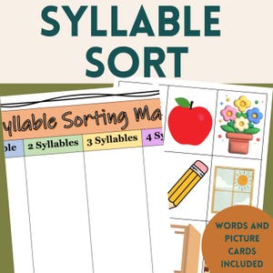 Könnte beinhalten: Lehrmittel zum Silben sortieren. Das Bild zeigt eine Sortiermatte mit Abschnitten für 2, 3 und 4 Silben, sowie Bildkarten mit einem Apfel, Blumen, einem Bleistift und einem Fenster. Der Text "WORDS AND PICTURE CARDS INCLUDED" ist ebenfalls sichtbar.