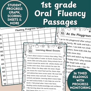 Könnte beinhalten: Lehrmaterialien für die mündliche Sprachkompetenz der 1. Klasse. Das Bild zeigt ein Schülerfortschrittsdiagramm, Bewertungsbögen und Textpassagen. Der Text enthält "Learning About Oceans" und "36 Timed Readings With Progress Monitoring."