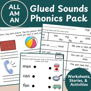 Puede incluir: Hojas de trabajo educativas para niños, con ilustraciones coloridas y texto. Las hojas de trabajo incluyen las palabras "Glued Sounds Phonics Pack", "Worksheets, Stories, & Activities" y las letras "ALL AM AN".