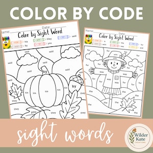 May include: Two printable "Color by Sight Word" worksheets. One features a pumpkin and leaves, the other a scarecrow. The worksheets have the text "Color by Sight Word" and "sight words". The worksheets are designed for educational use.
