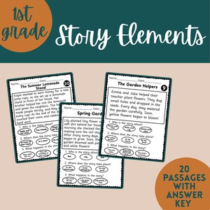 May include: A set of educational worksheets for 1st grade students, featuring story elements. The worksheets include passages with questions about the story's characters, setting, and plot. The image also includes the text "20 PASSAGES WITH ANSWER KEY."