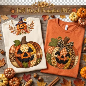 Puede incluir: Una camiseta color crema con una calabaza de patchwork con sombrero de bruja y una camiseta naranja quemado con una calabaza de patchwork con lazo a cuadros. Ambas muestran calabazas con varios patrones como estampado de leopardo, cuadros y flores.