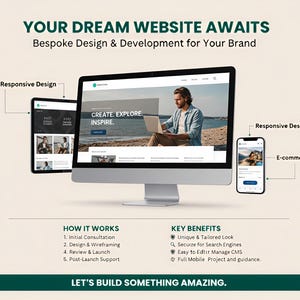 Op de afbeelding: Een desktopcomputer, tablet en smartphone tonen een website-ontwerp met de tekst "CREATE. EXPLORE. INSPIRE." De afbeelding promoot op maat gemaakte website-ontwerp- en ontwikkelingsdiensten.