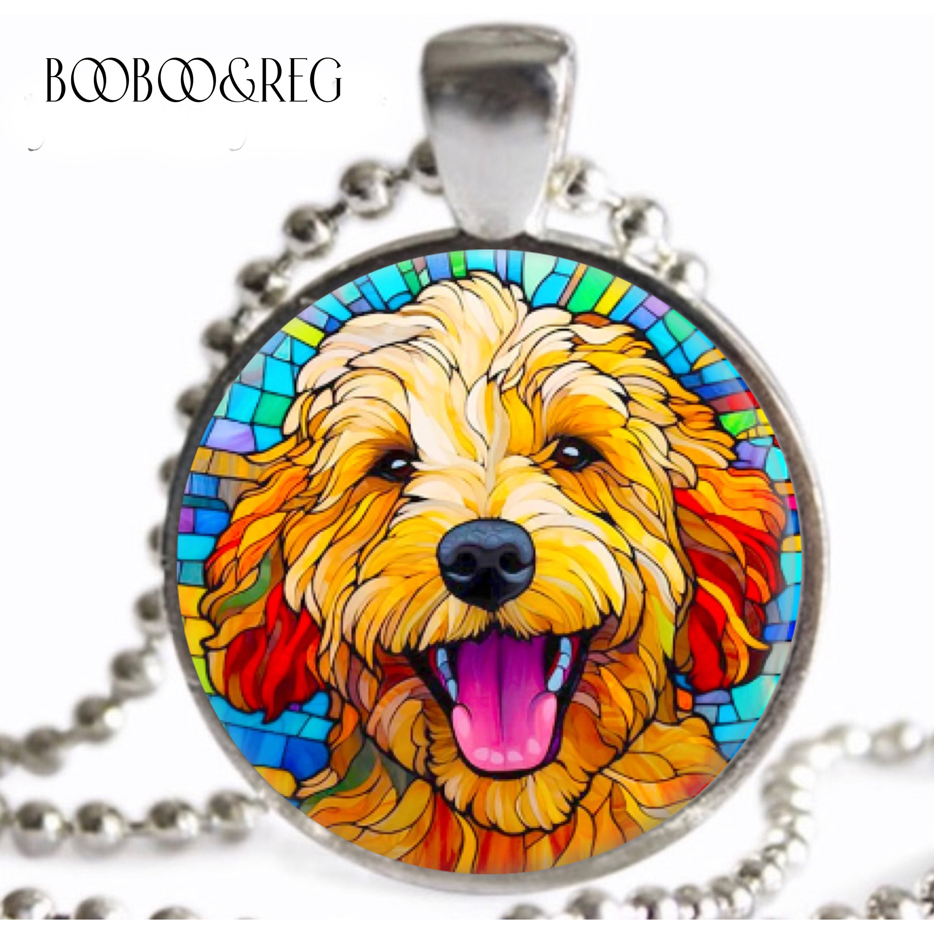 Goldendoodle Necklace Faux Stained Glass Art Print Silver Charm Pendant Golden Doodle Puppy Dog Mom Dog Dad Birthday Gift Handmade Jewelry Etsy