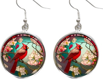 CARDINAL Bird Earrings FAUX Stained Glass Art Print Silver Charm Dangle Earrings Memorial Loss of Loved One Condolences Gift Bird Lover Gift