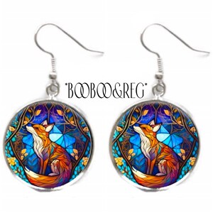 Fox Earrings: Faux Stained Glass Art Print, Lightweight Silver Charm Dangle Earrings, Animal Lover Gift