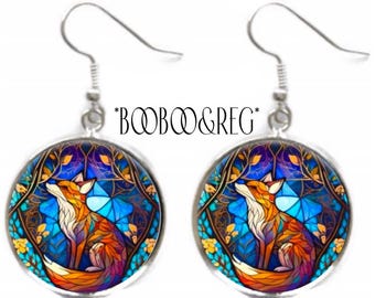 Red Fox Earrings: Faux Stained Glass Art Print, Lightweight Silver Charm Dangle Earrings, Animal Lover Gift, Blue & Orange, Woodland