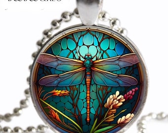 Dragonfly Necklace TEAL Blue Boho Bohemian Art Nouveau FAUX Stained Glass Art Print Silver Charm Pendant Birthday Gift for Friend