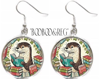 Bookish Otter Earrings: Book Lover, Avid Reader Gift, Silver Charm Dangle Earrings, Teacher, Bibliophile, Librarian Gift, Handmade Jewelry