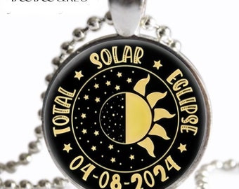 Total Solar Eclipse Souvenir Necklace April 8 2024 Glicee Art Print Silver Charm Pendant Handmade Sun Moon Jewelry Total Solar Eclipse Gift