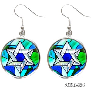 Star of David Earrings FAUX Stained Glass Earrings Jewish Judaica Bat Mitzvah Passover Gift Lightweight Silver Charm Dangle Earrings