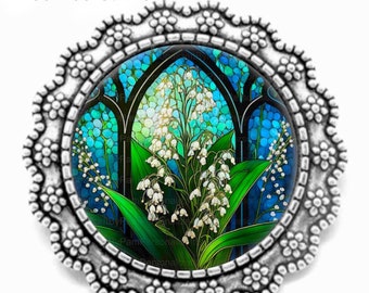 Lily of the Valley BROOCH ~ Faux Stained Glass ~ May Birth Month Flower ~ May Birthday Jewelry Gift for Her Mom Mother ~ Silver Lapel Pin