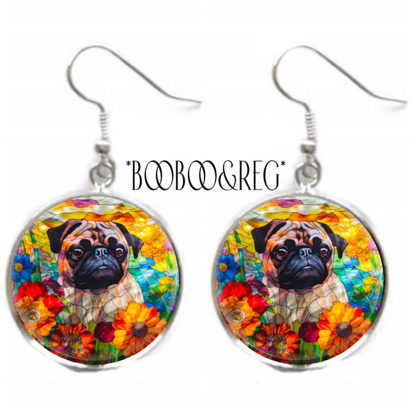 Pug Dog Earrings FAUX Stained Glass Earrings Pug Puppy Earrings Dog Mom Christmas Gift  From Dog Silver Charm Dangle Earrings Pug Owner Gift