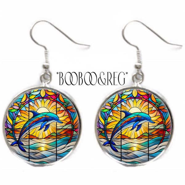 Dolphin Sunset Earrings FAUX Stained Glass Earrings Florida Tropical Summer Beach Lover Gift Silver Charm Dangle Earrings Handmade Jewelry