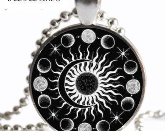 Eclipse Necklace April 8 2024 Sun Moon Art Print Silver Charm Pendant Handmade Jewelry Total Solar Eclipse Souvenir Gift for Men Women