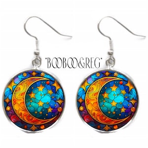 MOON & Stars Earrings FAUX Stained Glass Night Sky Earrings Celestial Lightweight Crescent Moon Earrings Silver Charm Dangle Earrings