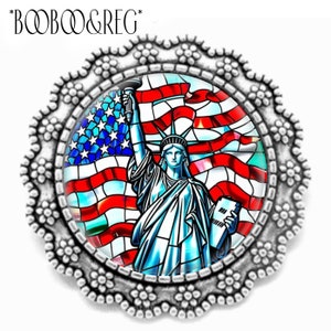 Statue of Liberty American Flag BROOCH Faux Stained Glass Art Print Silver Lapel Pin Patriotic Independence Day 4th Fourth of July Gift