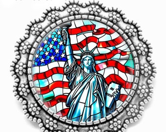 Statue of Liberty Brooch: American Flag Lapel Pin, Patriotic Faux Stained Glass Art Print Pin, Silver Lapel Pin, Handcrafted Jewelry