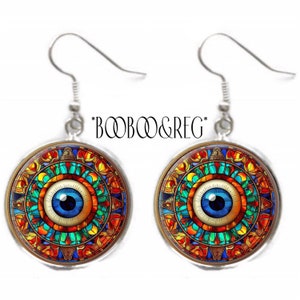 Evil Eye EARRINGS Devils Eye Faux Stained Glass Art Print Birthday Gift Protection Jewelry For Her Silver Charm Dangle Drop Earrings