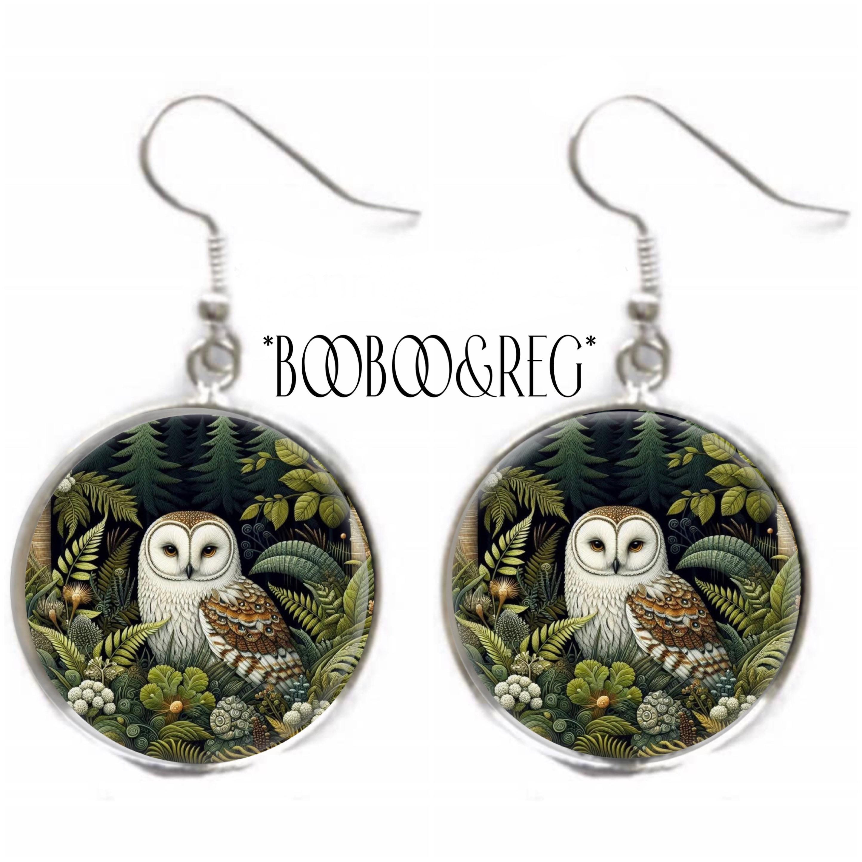 Owl Earrings: Vintage Woodland Bird Art Print, Lightweight Silver Charm Dangle