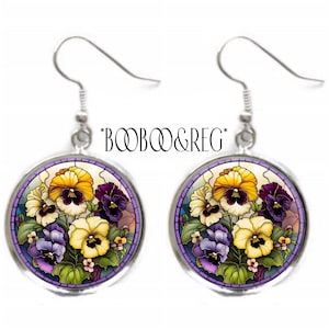Pansy Pansies Flowers Earrings FAUX Stained Glass Art Print Silver Charm Dangle Drop Earrings Spring Garden Easter Mothers Day Gift