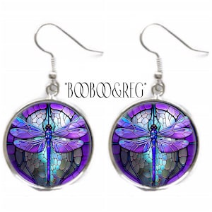 Purple DRAGONFLY EARRINGS Faux Stained Glass Art Nouveau Art Print Silver Charm Dangle Earrings Birthday Gift for Mother Mom Friend Sister