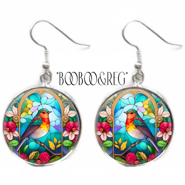Bird Charm Earrings FAUX Stained Glass Glicee Art Print Earrings Spring Bird Lover Gift Silver Charm Dangle Earrings Handmade Bird Jewelry