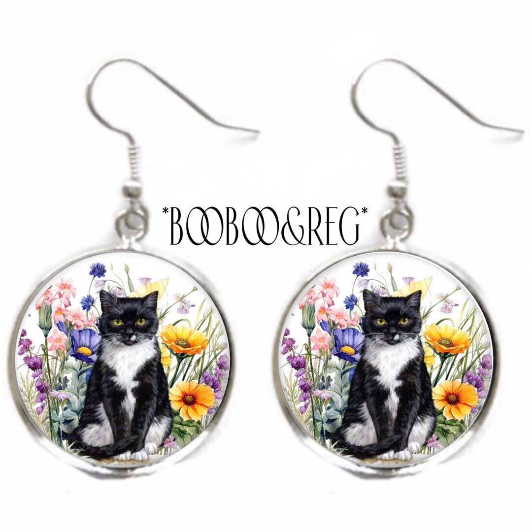 TUXEDO CAT Earrings Handmade Watercolor Flower Garden Art Print Cat Mom