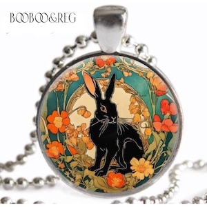 Art Nouveau Black RABBIT Necklace Vintage William Morris Floral Art Print Silver Charm Pendant Handmade Jewelry Animal Lover Gift for Her