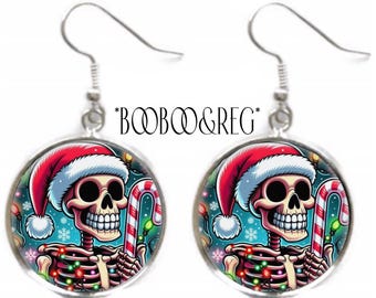 Skeleton Santa Claus EARRINGS Gothic Christmas Silver Charm Dangle Earrings Candy Cane Skeleton Handmade Holiday Jewelry Stocking Stuffer