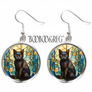 BLACK CAT Earrings Art Nouveau FAUX Stained Glass Earrings Cat Mom Gift Lightweight Earrings Silver Charm Dangle Earrings Cat Lover Gift